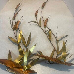 VTG Retro 60’s 70's Cattails Reeds Waterlily Copper Brass Wall Art Hanging MCM